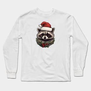 Santa hat Raccoon with holly Long Sleeve T-Shirt